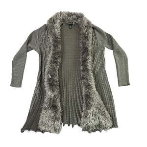 Lauren Michelle Metallic Gray Knit Open Front Cardigan with Faux Fur Trim
